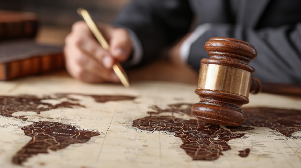 A gavel placed on a world map with a lawyer’s hand writing in the background, symbolizing international legal processes