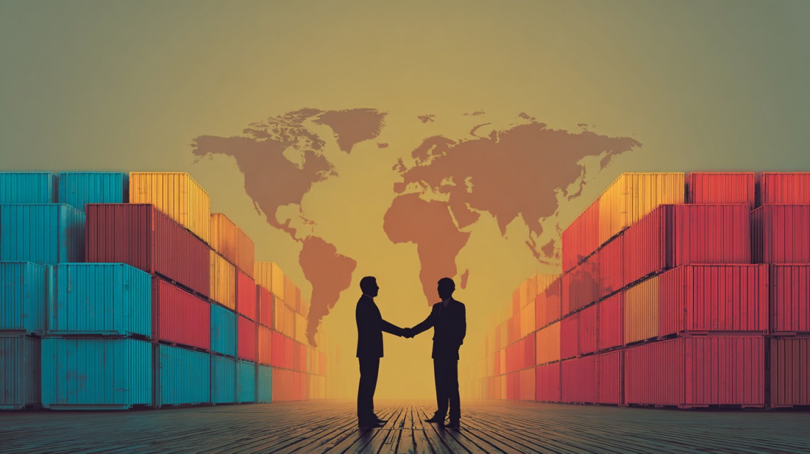 Two business professionals shaking hands between stacks of shipping containers, with a world map in the background, symbolizing mediation in global trade disputes