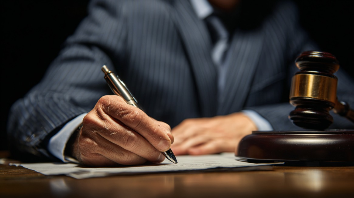 Close-up of a judge writing on legal documents with a gavel placed on the desk, symbolizing personal jurisdiction in legal proceedings
