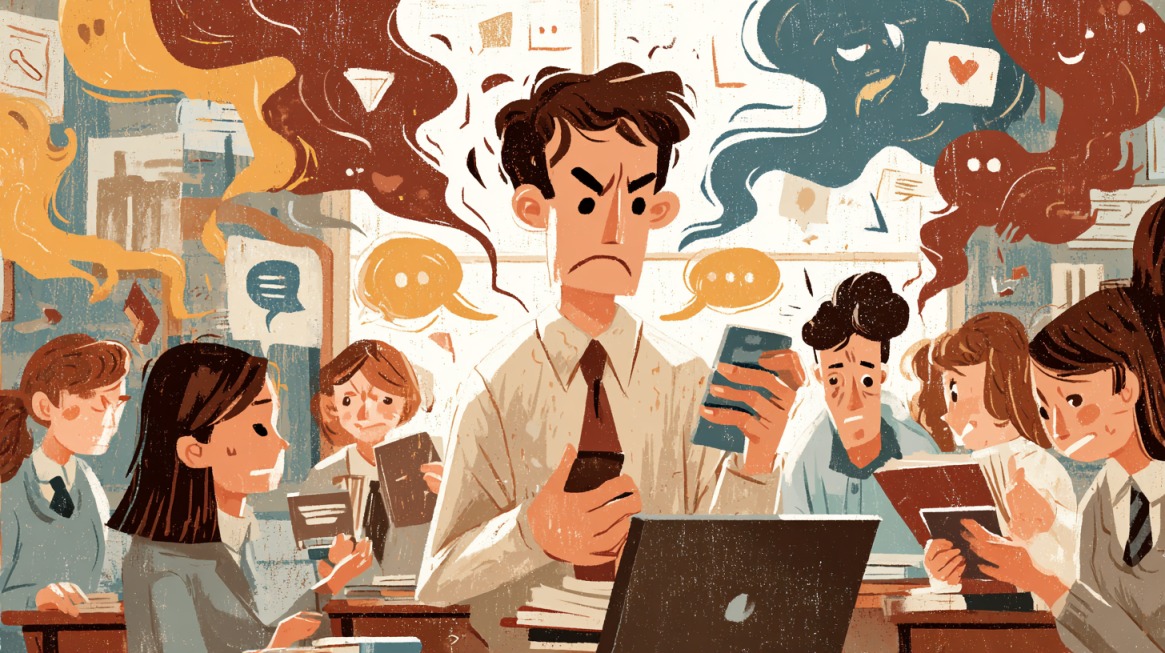 Illustration of a frustrated teacher holding a phone while surrounded by students, speech bubbles, and swirling social media symbols representing online conflict and distractions