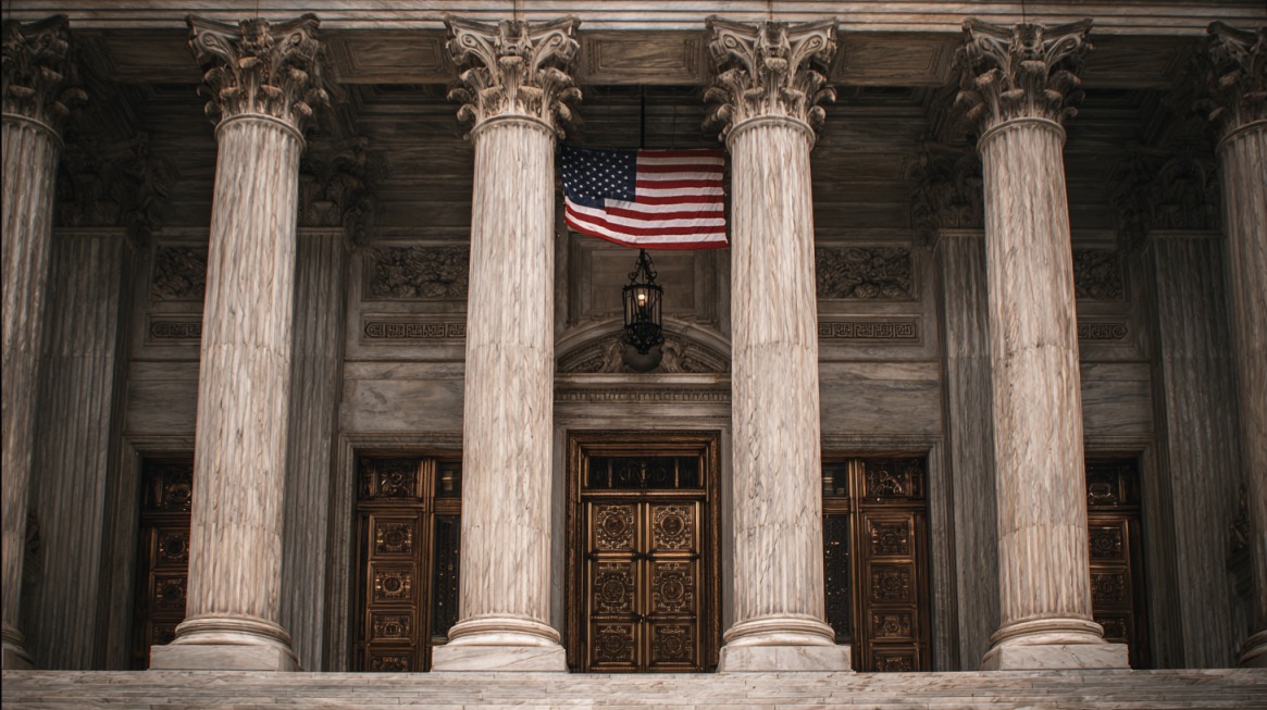 Exterior of a U.S. courthouse with large marble columns and an American flag, symbolizing the importance of proper legal service in international cases