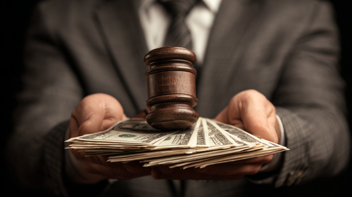 Close-up of a person in a suit holding U.S. dollar bills with a judge’s gavel placed on top, symbolizing legal costs and international lawsuits