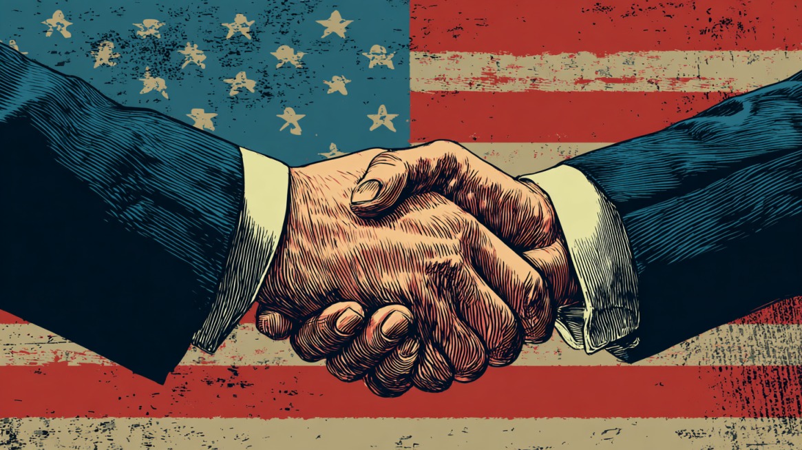 Illustration of two businesspeople in suits shaking hands with an American flag in the background, symbolizing legal agreements and U.S. jurisdiction