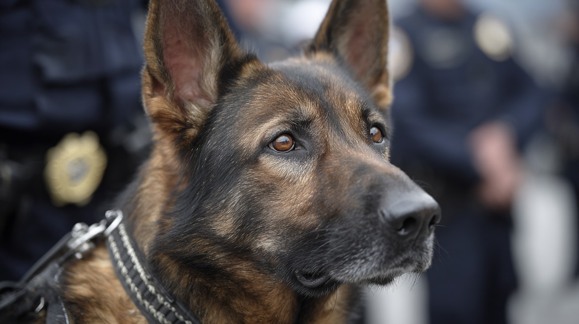Close-up of a police dog with officers in the background, symbolizing the use of K9 units for backpack or locker searches