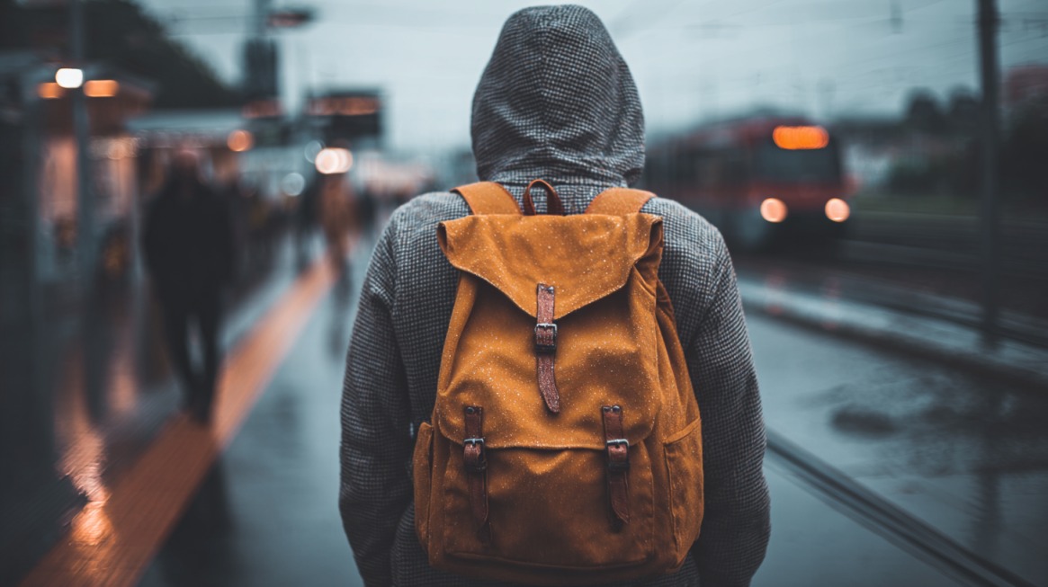 A person wearing a yellow backpack and hoodie at a train station, symbolizing awareness of personal rights when asked to allow a backpack search
