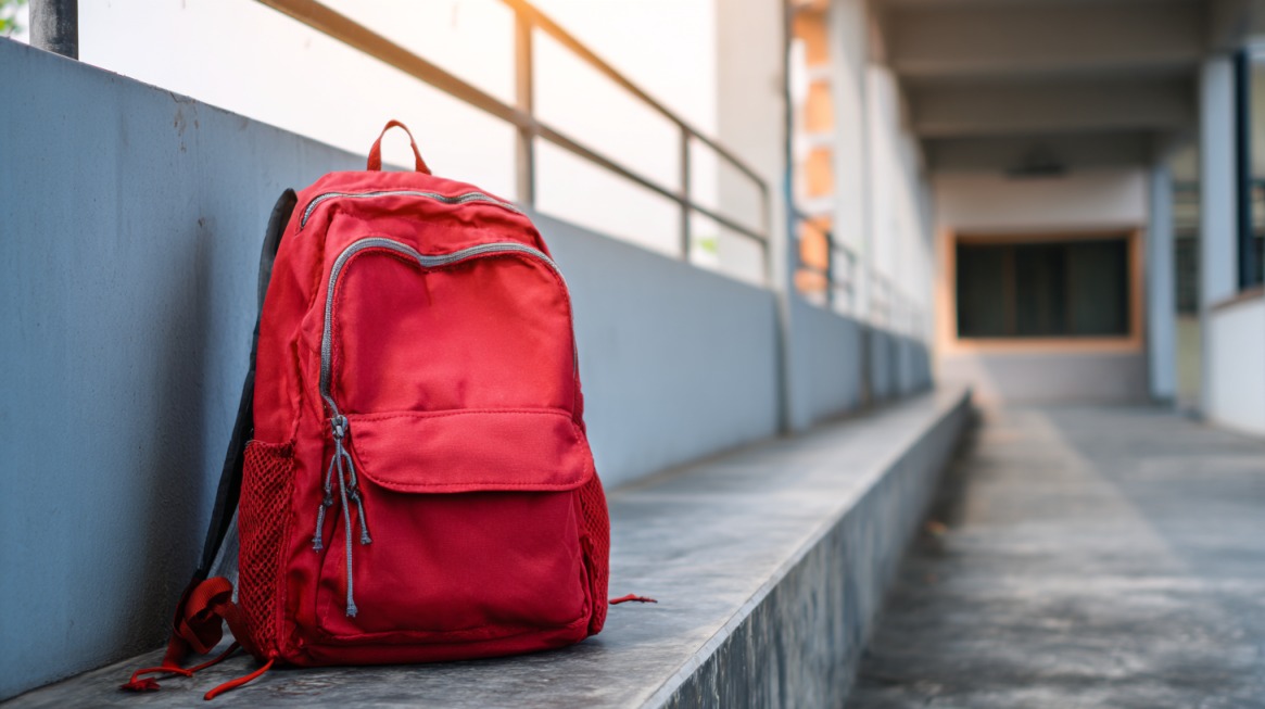 A bright red backpack resting on a long bench in a school hallway, symbolizing student rights in cases of unfair backpack searches