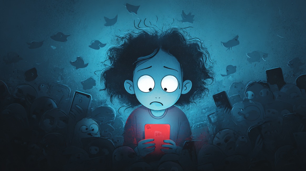 Illustration of a worried person holding a glowing phone, surrounded by a crowd with smartphones and bird icons, symbolizing social media pressure