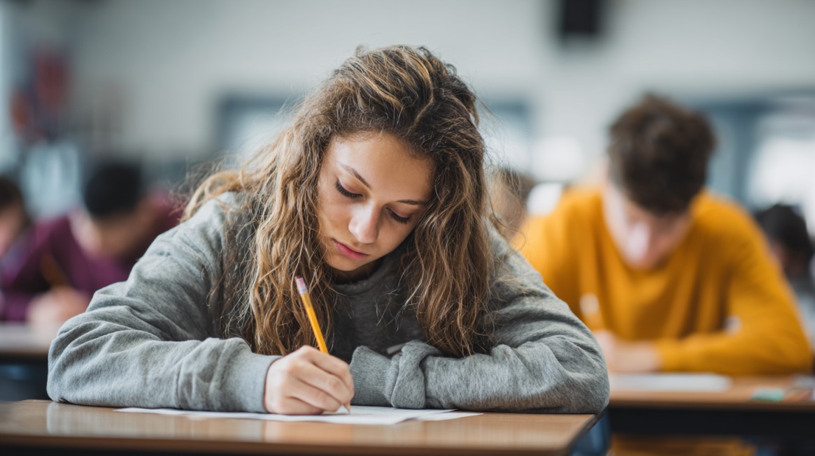 A high school student focused on writing during an exam, symbolizing the importance of academic evaluation and the potential for grade challenges through school administrative channels