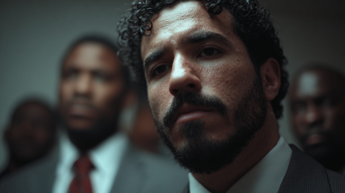 Serious man in a courtroom setting, symbolizing the weight of legal decisions and the controversial acceptance of Alford plea variations
