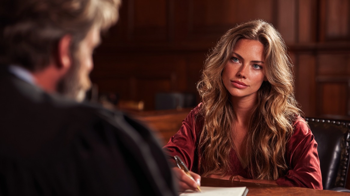 Woman speaking to a judge in a courtroom while taking notes