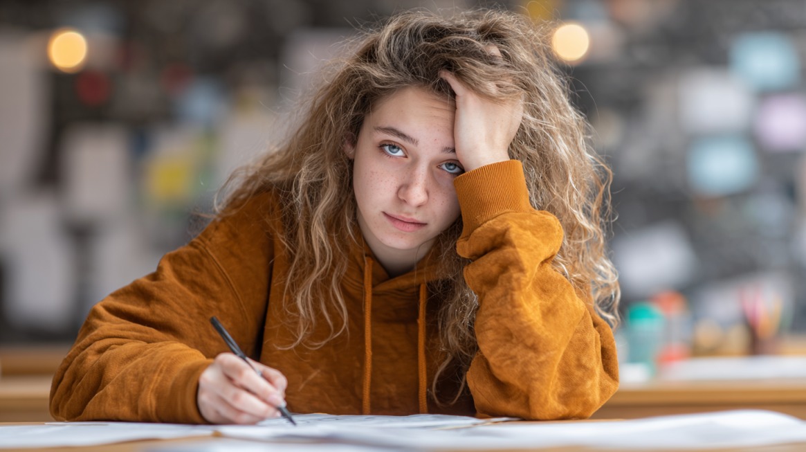 A frustrated student in an orange hoodie rests her head on her hand while writing on paper, symbolizing the stress of grade disputes