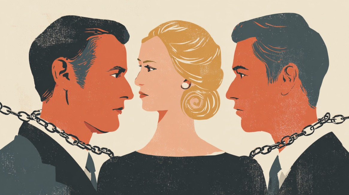 Illustration of a woman between two men in suits, all connected by chains, symbolizing the legal and criminal consequences of polygamy