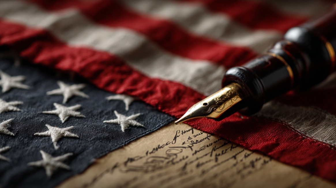 Close-up of a fountain pen resting on old legal parchment with the American flag in the background