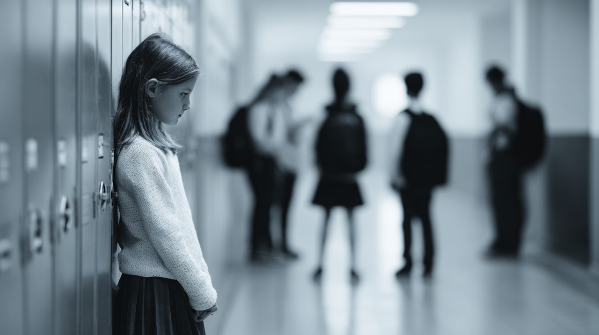 A sad girl leans against school lockers while other students gather in the background, symbolizing the isolation and harm caused by discriminatory harassment in educational settings