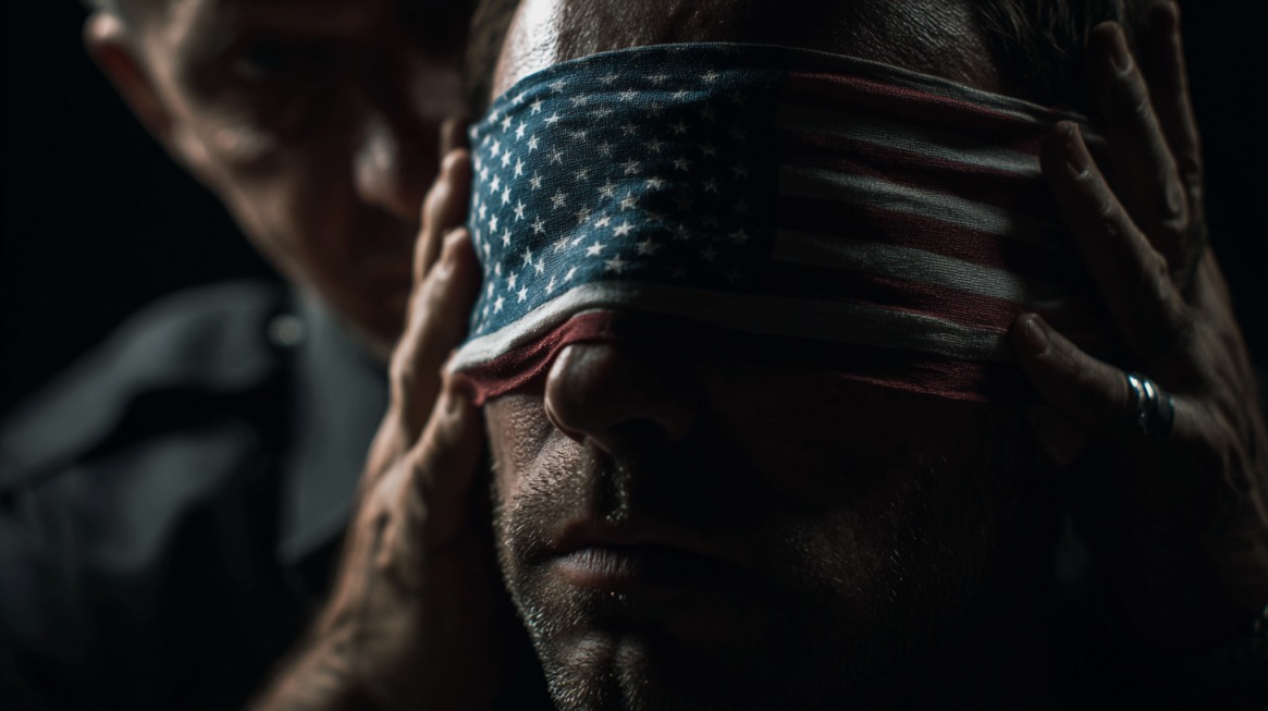 Man blindfolded with an American flag, symbolizing legal restrictions and enforcement