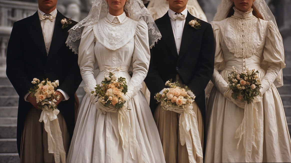 A symbolic wedding scene with multiple brides and grooms in vintage attire, representing polygamy and its clash with U.S. immigration and marriage laws