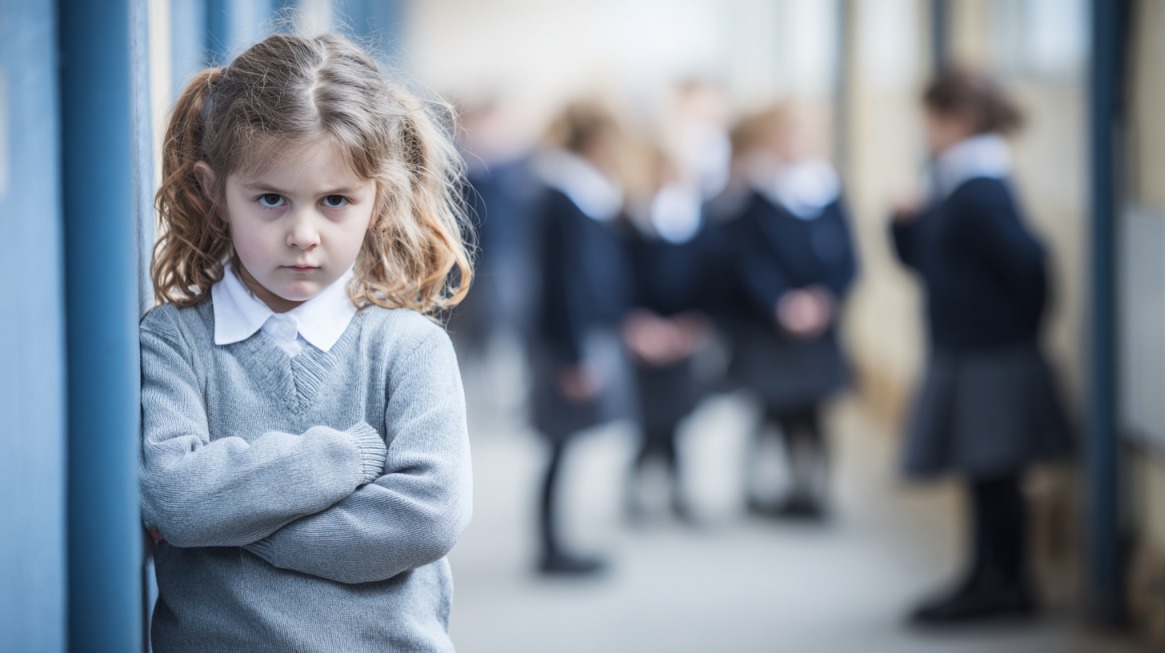 A young schoolgirl in uniform standing alone with crossed arms, looking upset, while other children gather in the background, symbolizing frustration and isolation linked to fairness and grading disputes