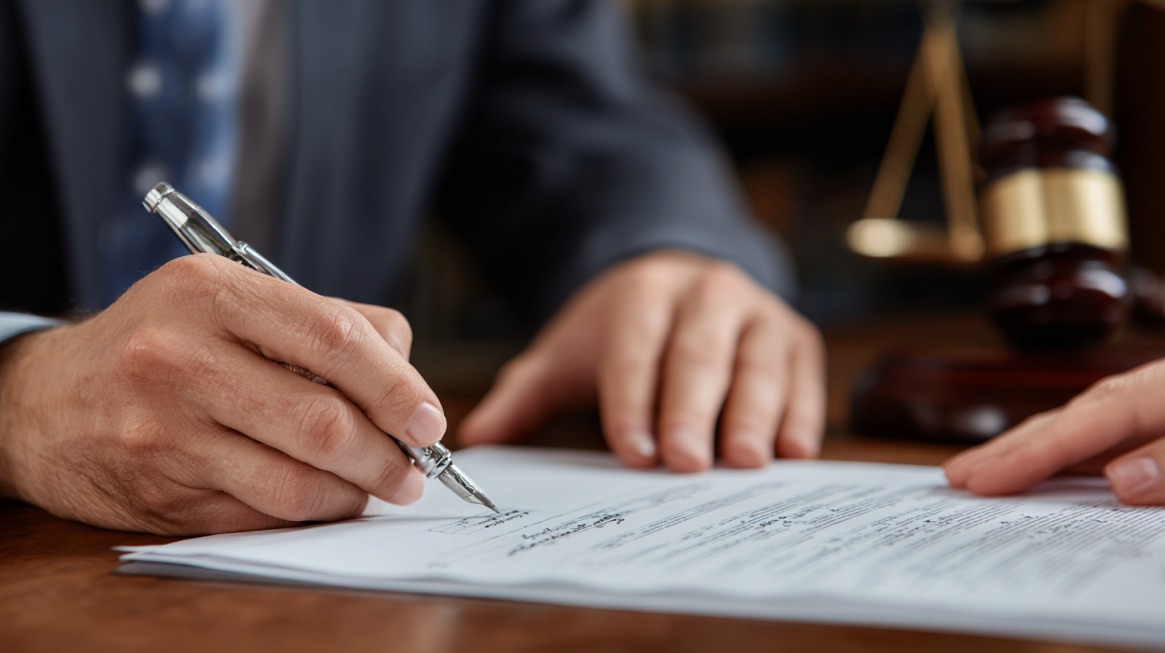 Close-up of a lawyer’s hand signing legal documents with a gavel in the background