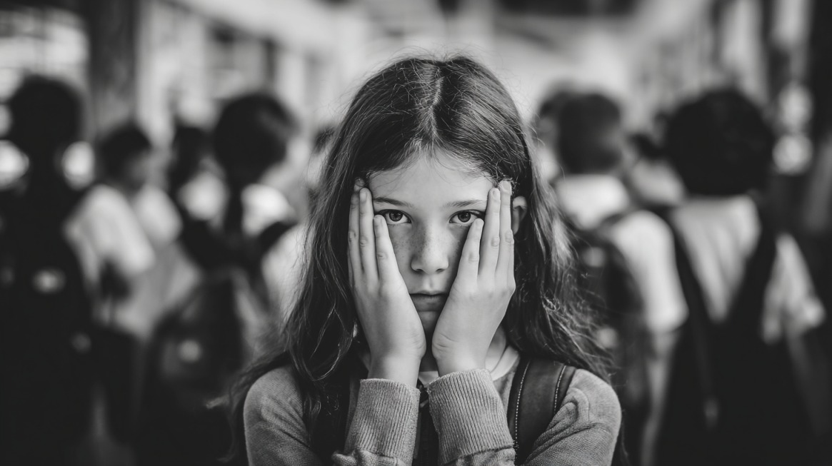 A black-and-white photo of a young student looking stressed and holding her face with both hands, symbolizing the importance of maintaining safe and ethical boundaries in educational settings.