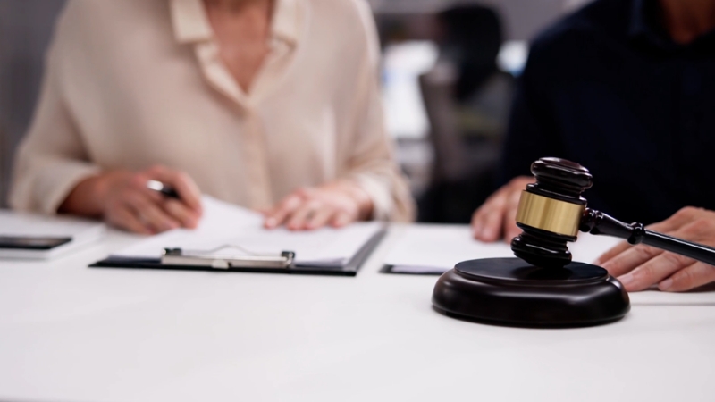 Two people review documents at a desk with a judge’s gavel placed in front of them