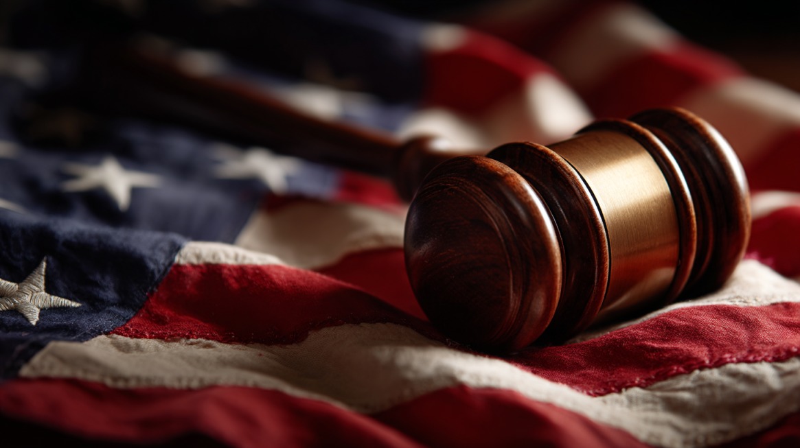 Close-up of a judge’s gavel resting on the American flag