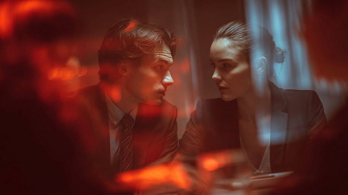 Two lawyers in an intense discussion, symbolizing the early 'meet and confer' conference required under Rule 26(f).