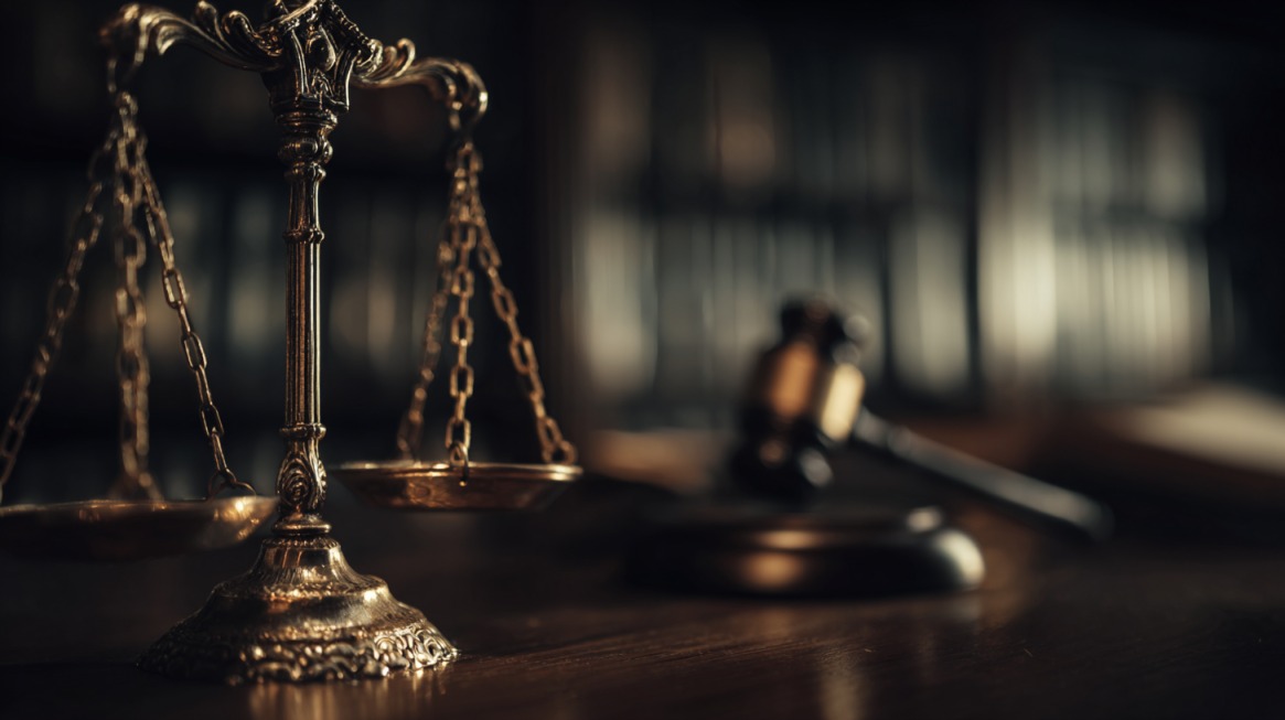 Close-up of golden scales of justice with a gavel blurred in the background, symbolizing Rule 26’s role in balancing fairness during discovery