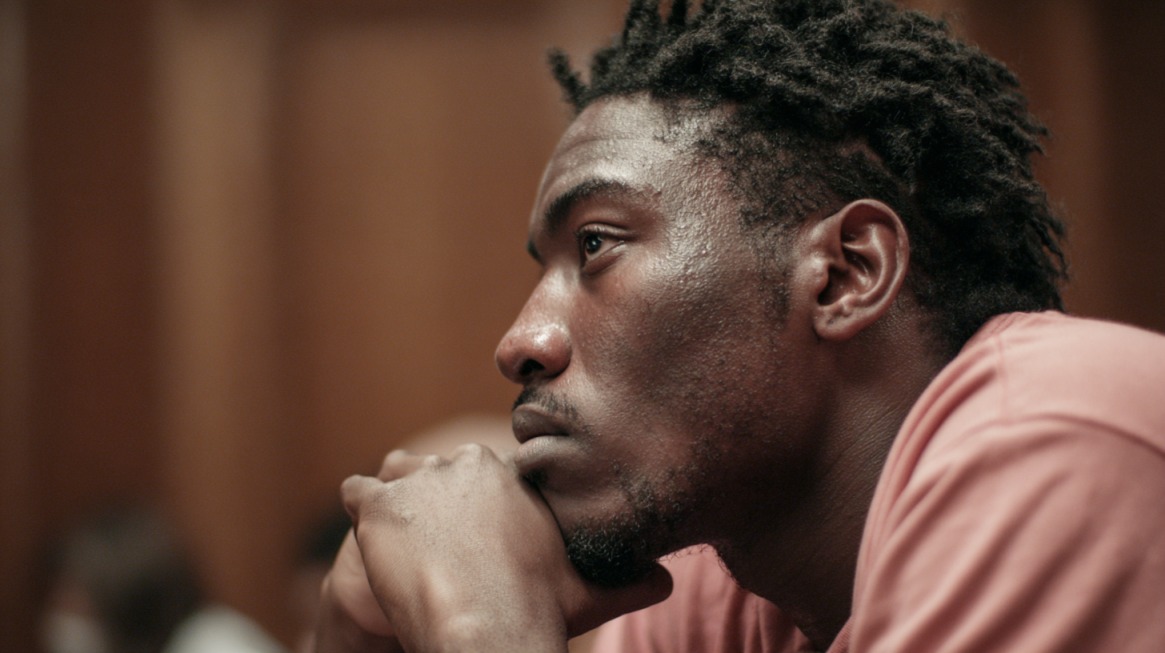 Close-up of a man in a courtroom, resting his chin on his hands, appearing thoughtful and serious, representing the weight of legal decisions