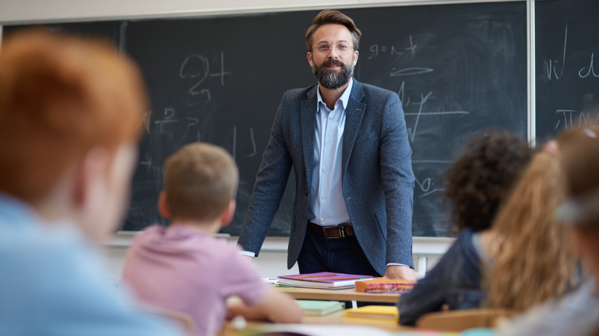 A teacher standing at the front of a classroom, engaging with students seated at desks, symbolizing the balance of educational responsibility and potential legal accountability