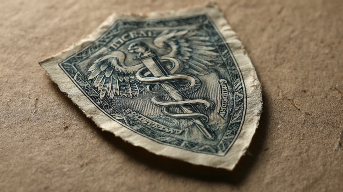 A close-up of a shield made from a U.S. dollar bill featuring a medical symbol, representing financial protection in healthcare