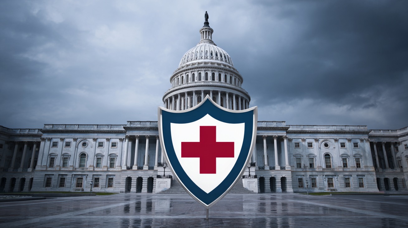 A large shield with a red medical cross in front of the U.S. Capitol building, symbolizing government protection for patients against surprise medical bills
