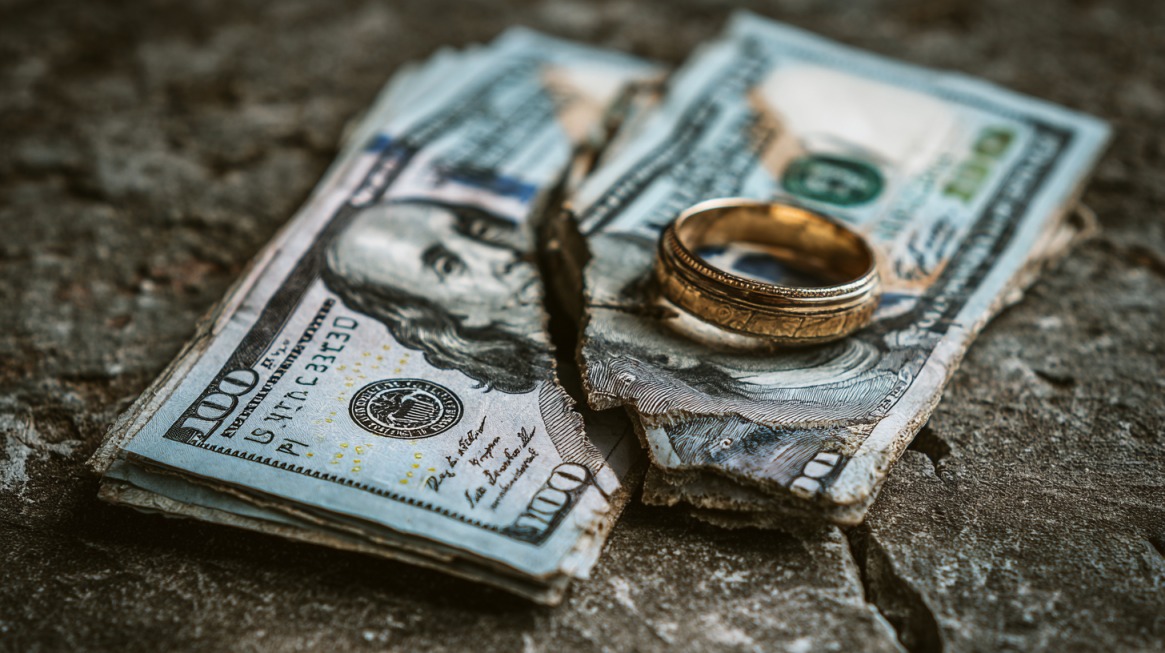 Close-up of a gold ring placed on ripped U.S. hundred-dollar bills