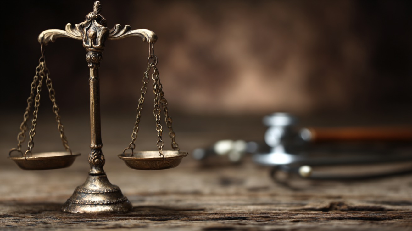 A balance scale symbolizing justice with a blurred stethoscope in the background, representing protection against fraudulent medical debt practices