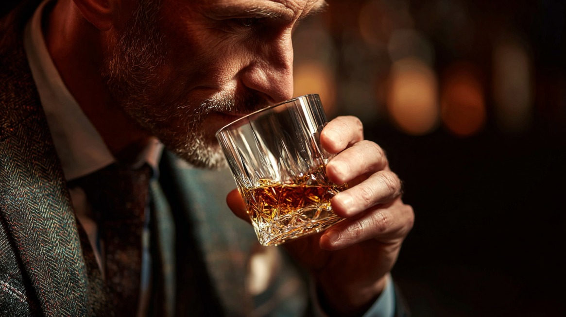 Close-up of an older man in a suit holding a glass of whiskey, symbolizing alcohol monitoring concerns that may lead courts to require SCRAM bracelets