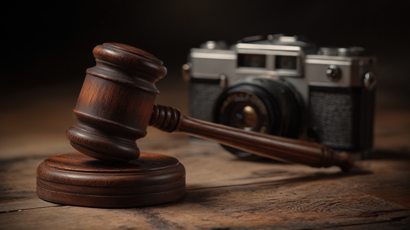 A judge’s gavel lies beside a vintage camera on a wooden table, symbolizing photography laws