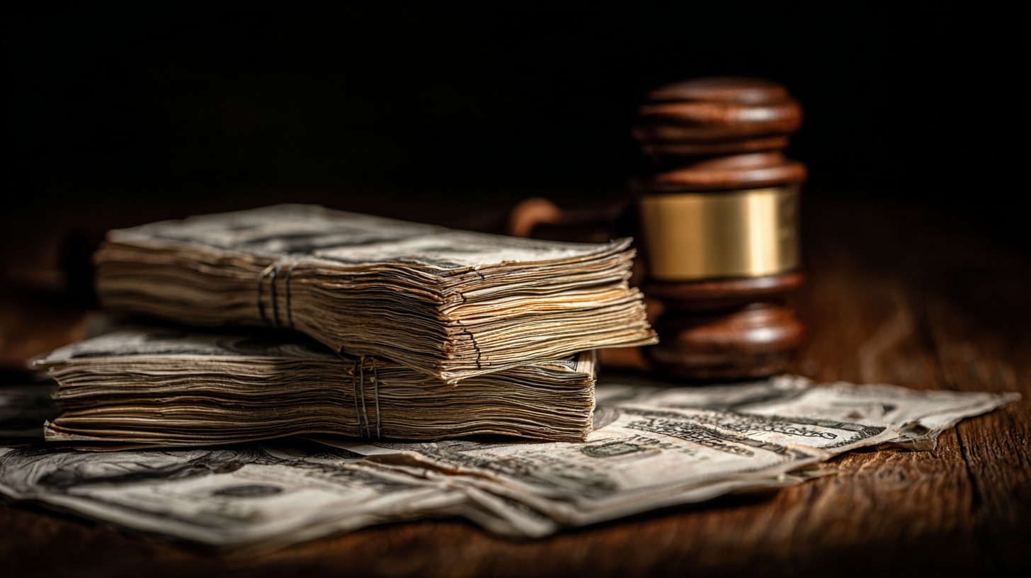 Stacks of cash next to a judge’s gavel on a wooden table