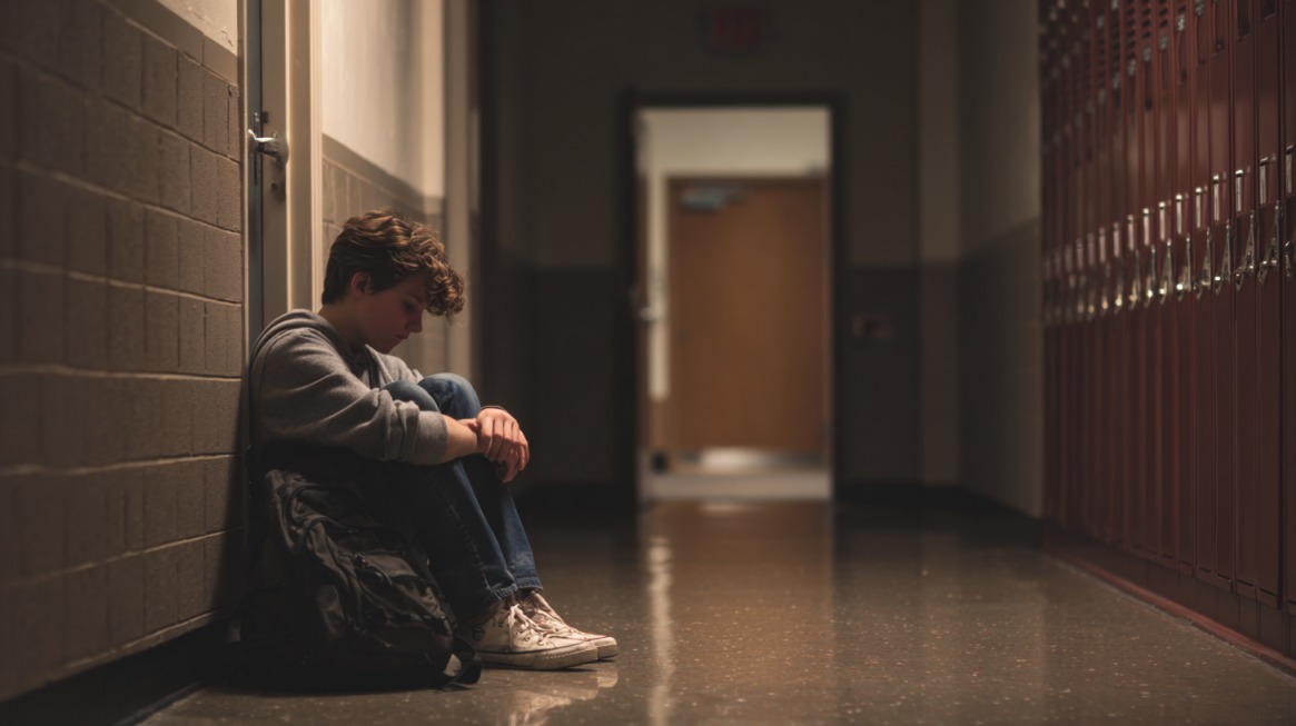 Sad student sitting alone in a school hallway with backpack, symbolizing the emotional and life consequences of dropping out of school early