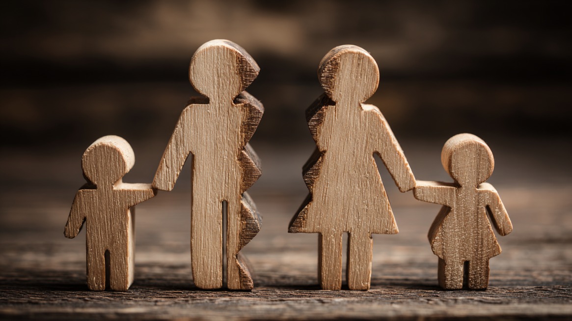 Wooden figures of parents and children split down the middle, symbolizing family separation in divorce