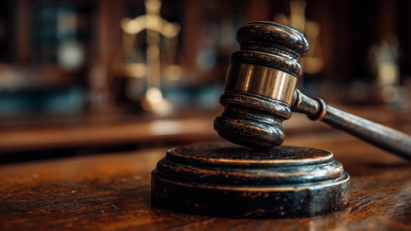 A judge’s gavel rests on a courtroom desk