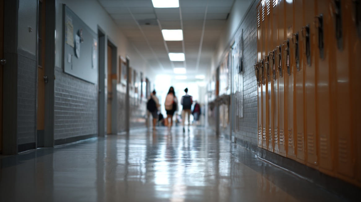 Empty school hallway with lockers and a few students walking in the distance, representing Florida’s dropout age compared to other states