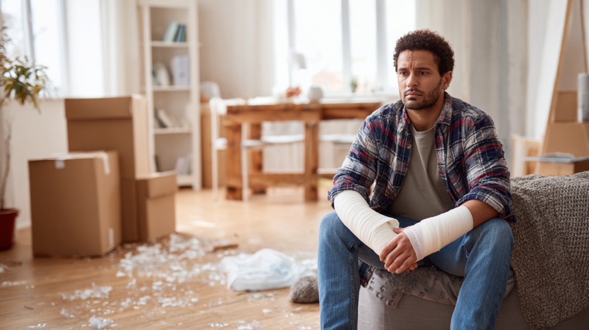 A man with both arms bandaged sitting on a couch in a messy apartment with broken glass on the floor