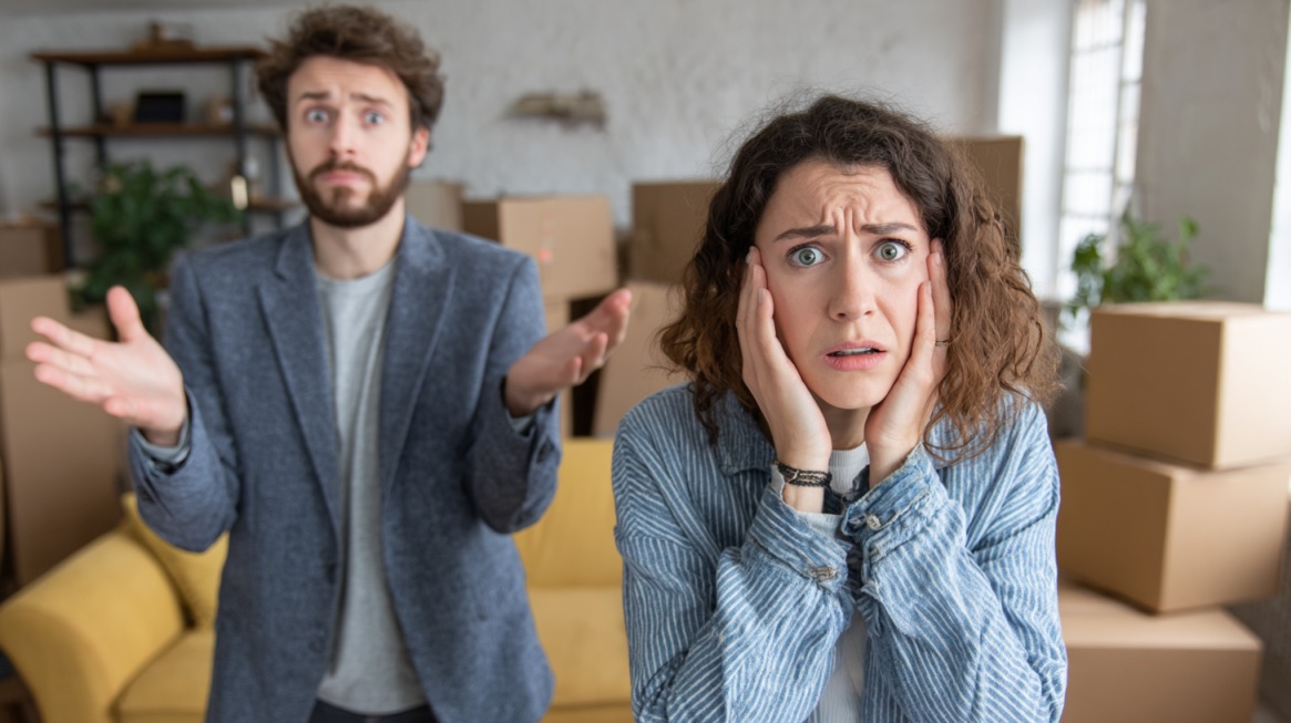 A worried couple in a room filled with moving boxes, showing confusion and concern