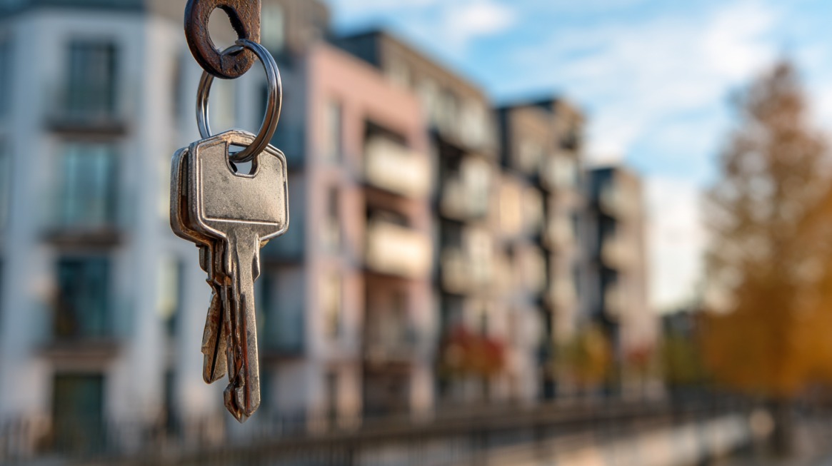 A close-up of house keys hanging outdoors with blurred apartment buildings in the background