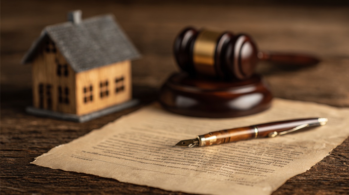 A small wooden house model, a gavel, and a pen resting on a legal document on a wooden table.