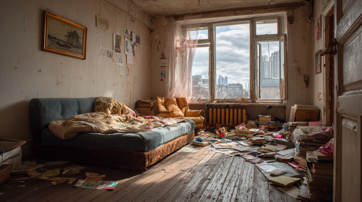 A rundown apartment with a broken floor, clutter, peeling walls, and old furniture in poor condition