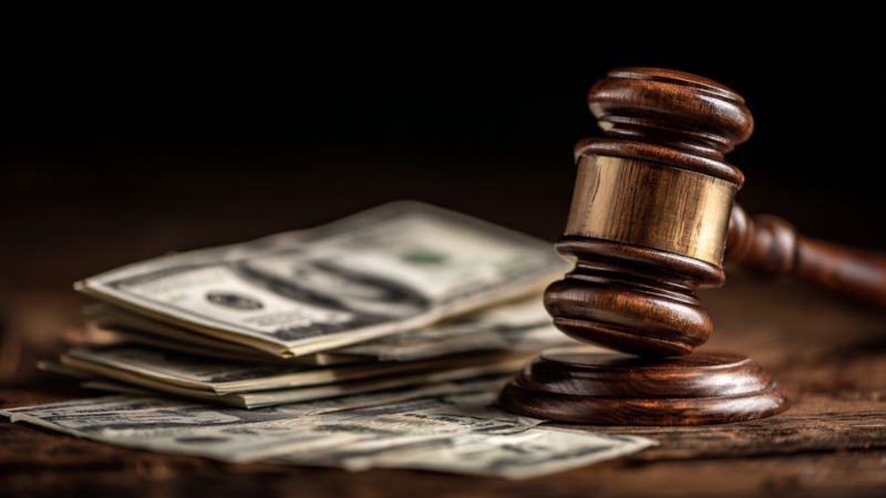 A judge’s gavel beside stacks of money, symbolizing the potential value of a defamation lawsuit