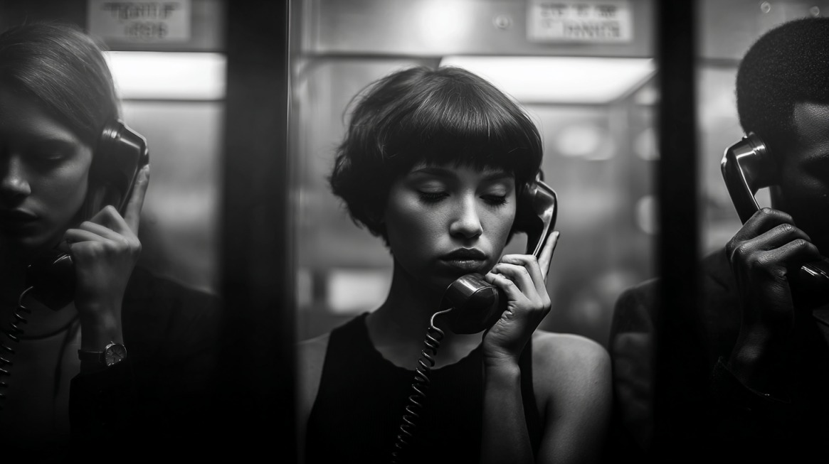 Black and white image showing three people in phone booths, each appearing serious or distressed while talking on telephones