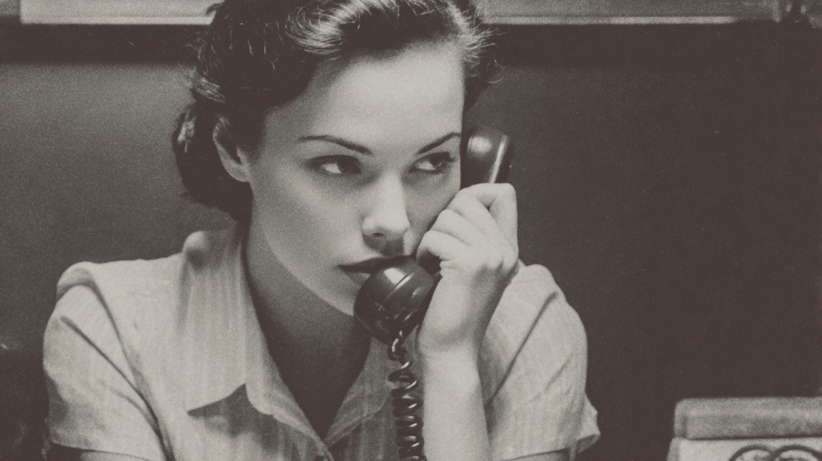 Black and white photo of a woman holding a telephone receiver to her ear, appearing deep in thought or concerned