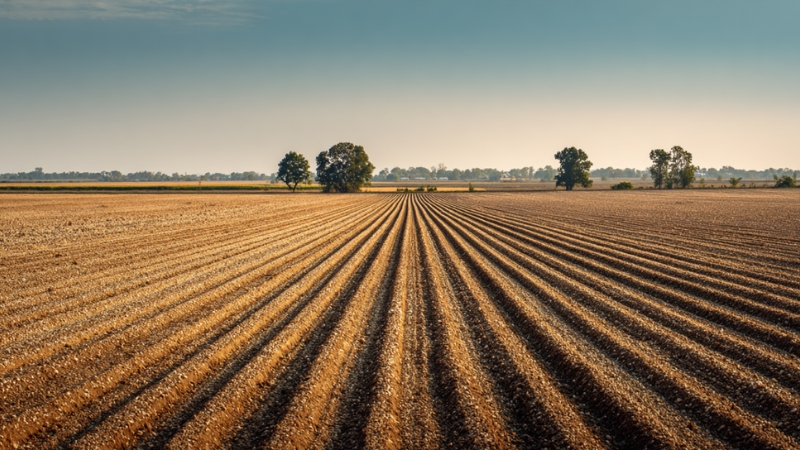 A plowed farm field with long rows stretching into the distance