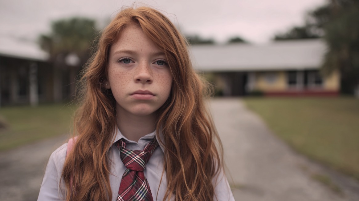 Serious young student standing in front of a school building, symbolizing the legal age and rules for dropping out of school in Florida